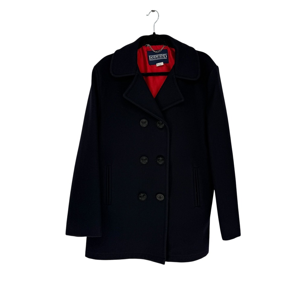 Lands End Navy 100% Virgin Wool Pea Coat Womens Plus 16 USA Vintage 90s